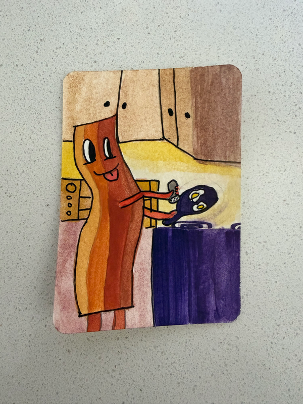 Bacon having breakfast aceo art card