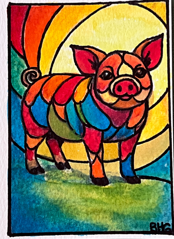 Rainbow Pig aceo art card