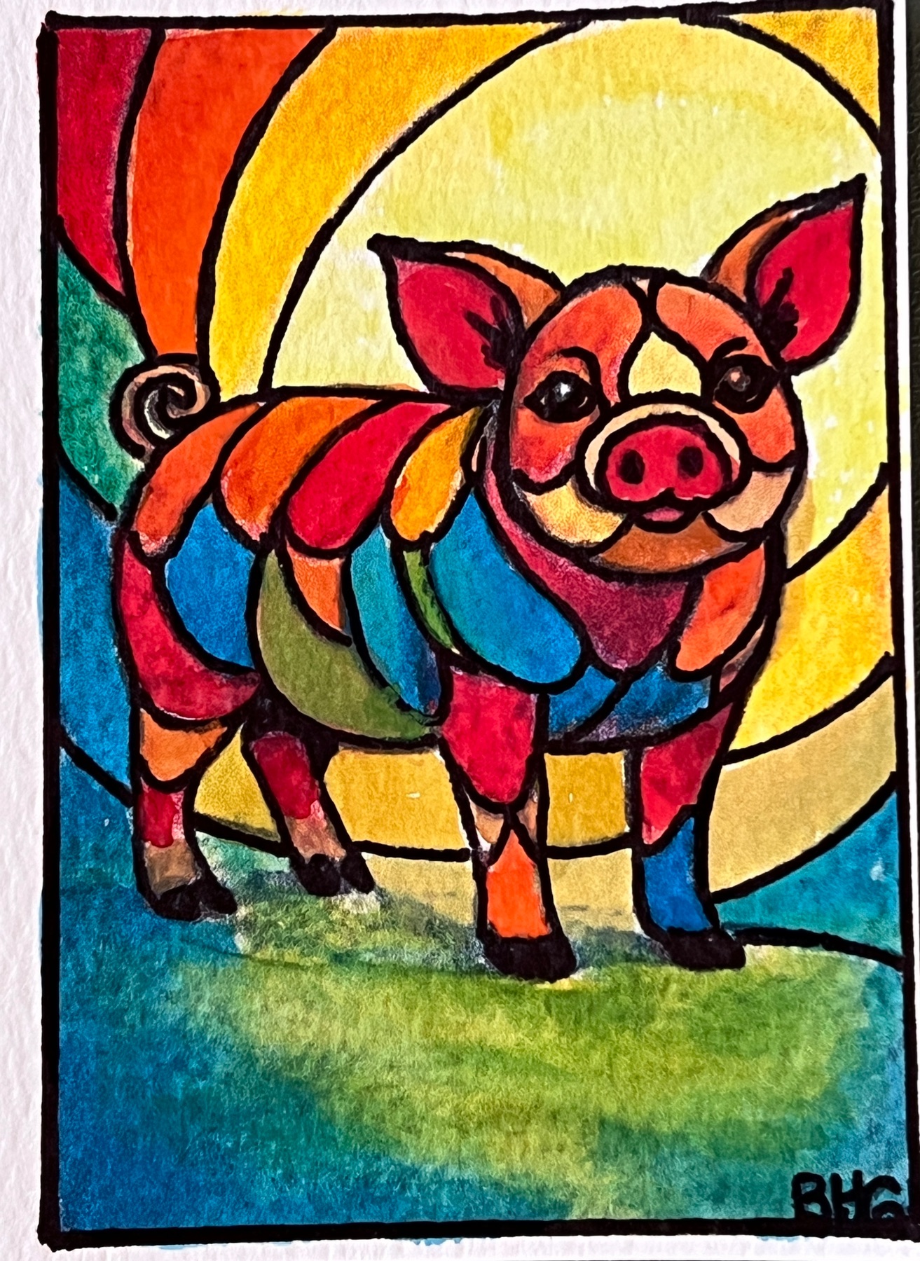 Rainbow Pig aceo art card