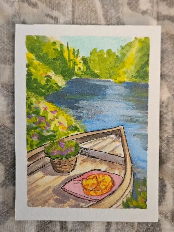 River boat with kitty aceo art card