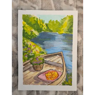 River boat with kitty aceo art card thumbnail 1