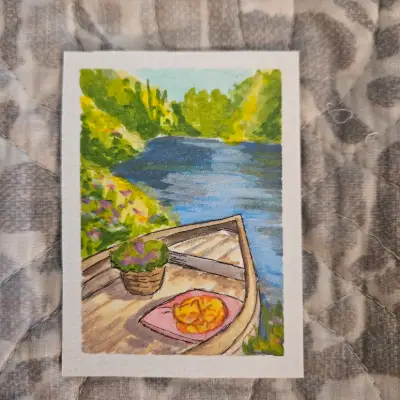 River boat with kitty aceo art card thumbnail 2