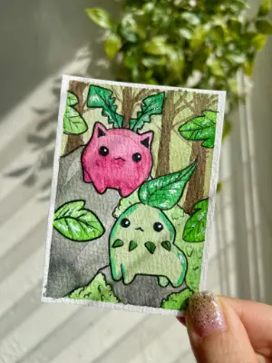 Hoppip and Chikorita Pokemon aceo art card thumbnail 2