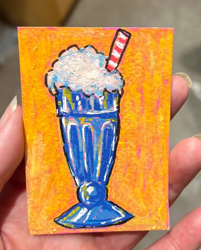 Acrylic and oil pastels blue ice cream float aceo art card