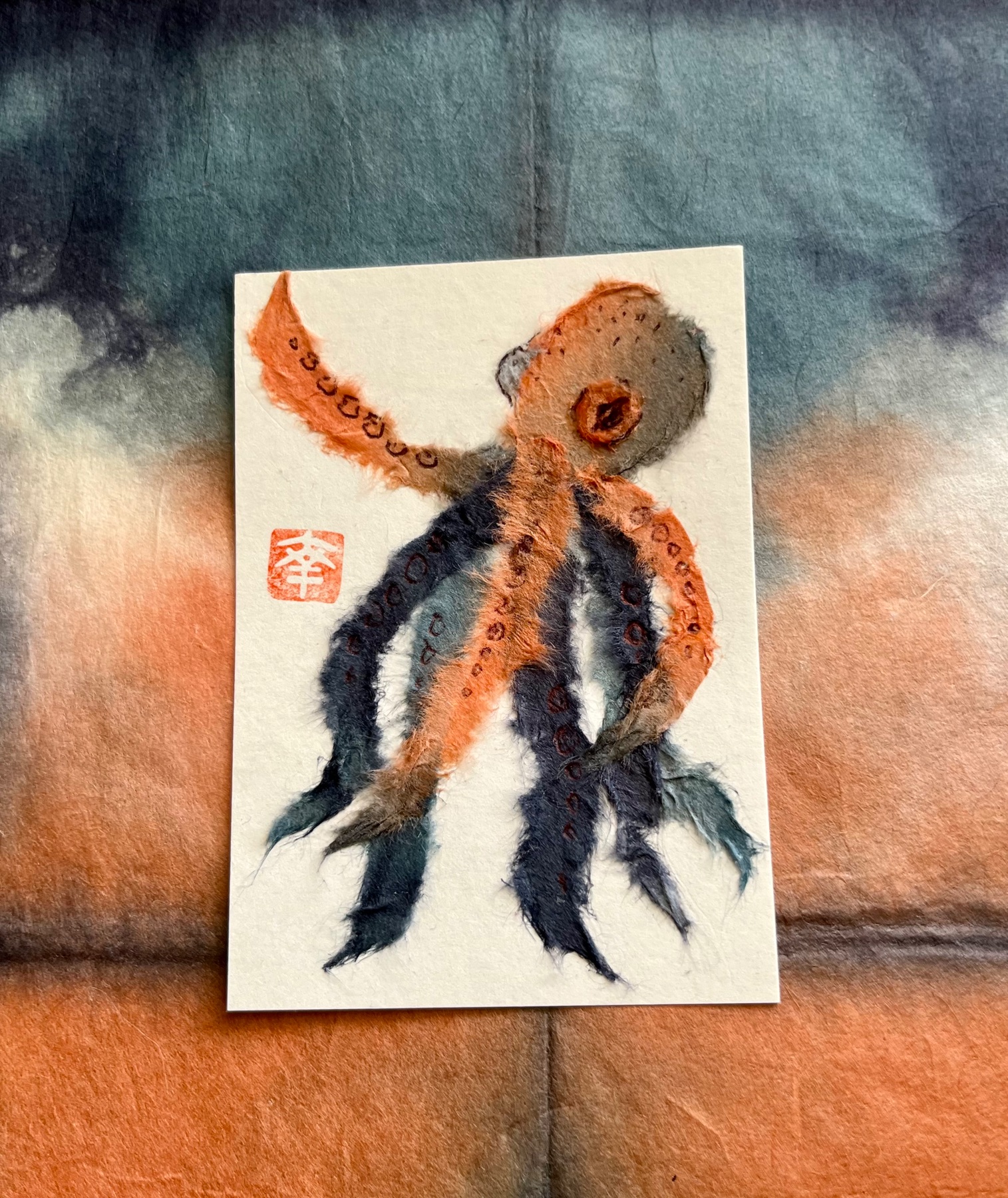 Japanese washi art - Octopus (tako) aceo art card