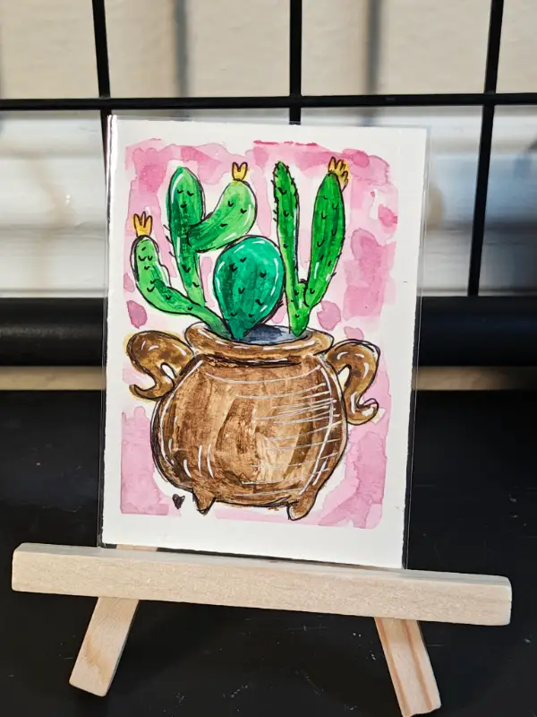 ACEO Mr big attitude Cactus pot watercolor original by Jazmin aceo art card
