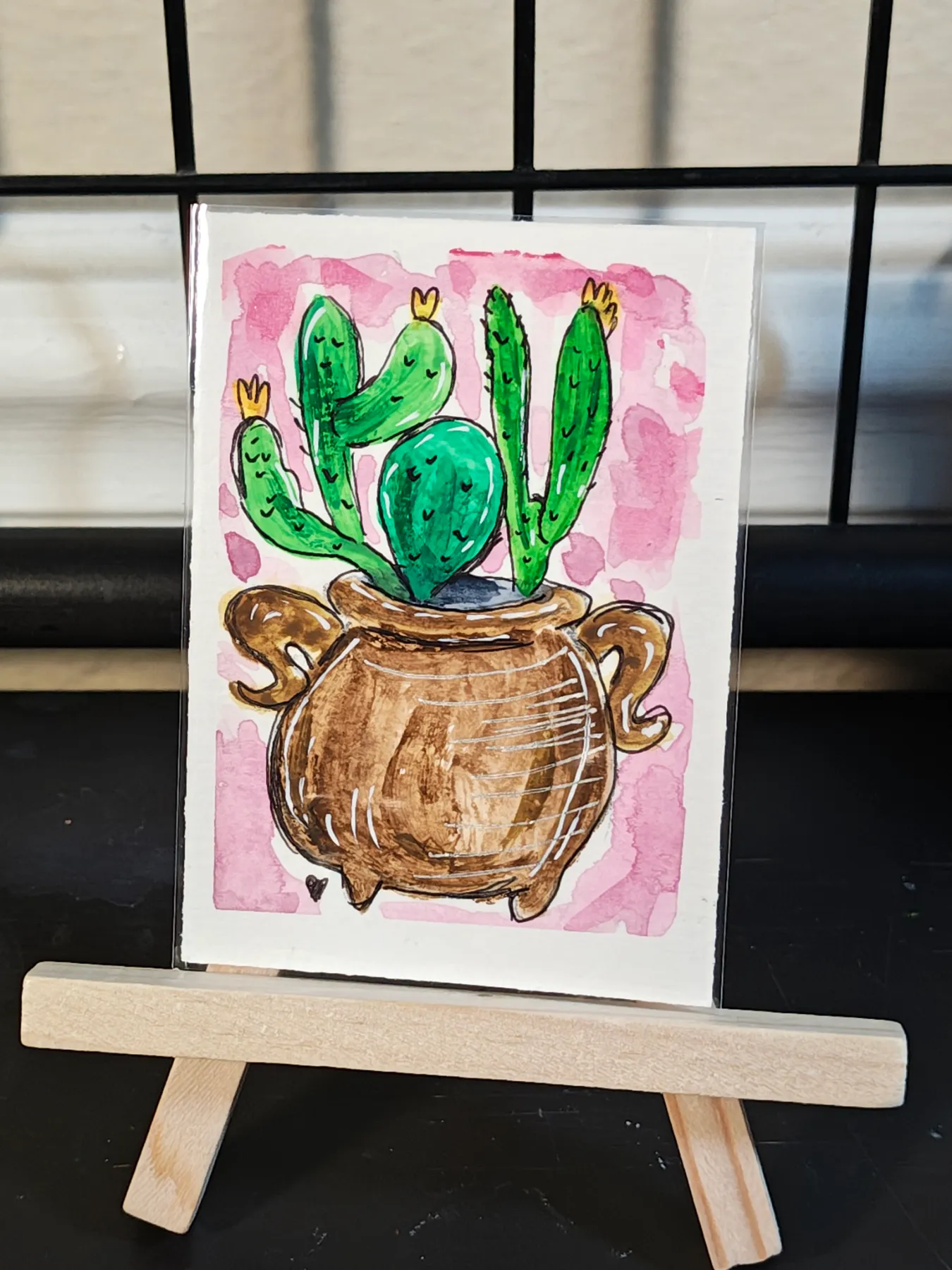 ACEO Mr big attitude Cactus pot watercolor original by Jazmin aceo art card