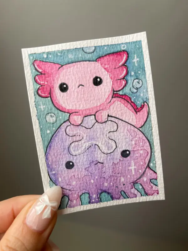 Axolotl and Jellyfish aceo art card
