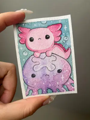 Axolotl and Jellyfish aceo art card thumbnail 2