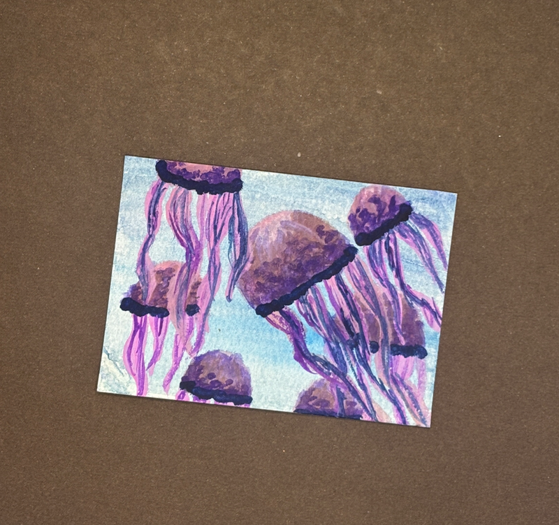 ORIGINAL Watercolor Artwork~ Violet Jellyfish Colony with Deep Blue accents aceo art card