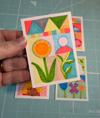 BUNDLE of 4 Quilts: Bunny, Floral, Sun aceo art card thumbnail 2