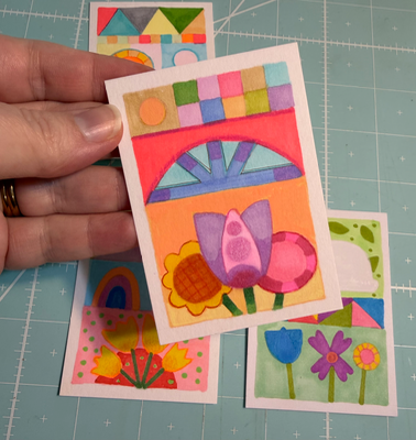 BUNDLE of 4 Quilts: Bunny, Floral, Sun aceo art card thumbnail 3