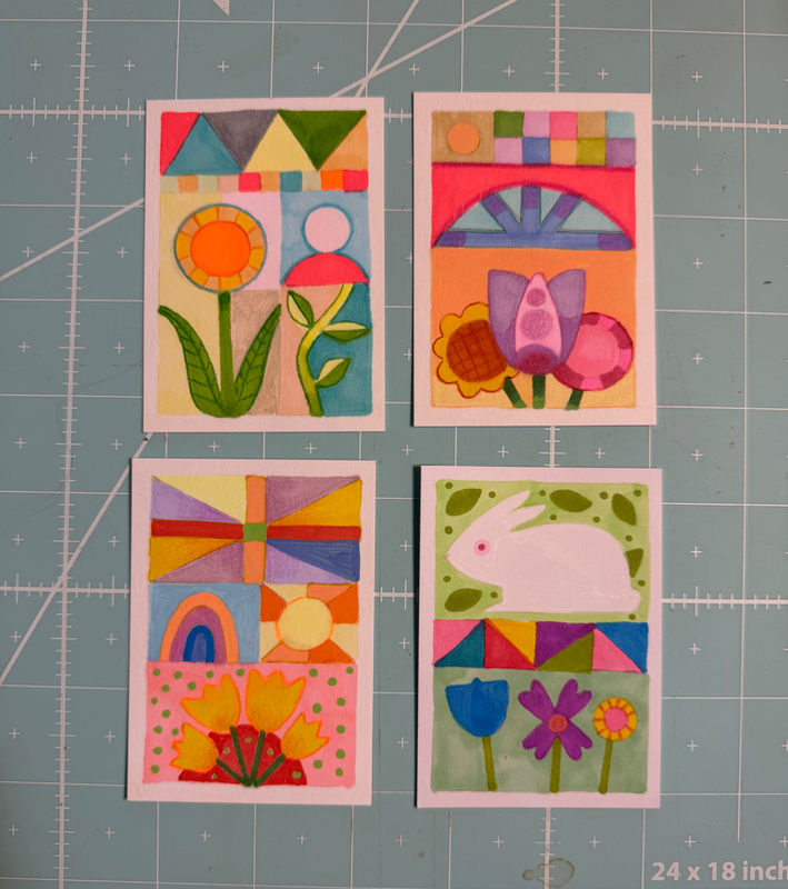 BUNDLE of 4 Quilts: Bunny, Floral, Sun aceo art card