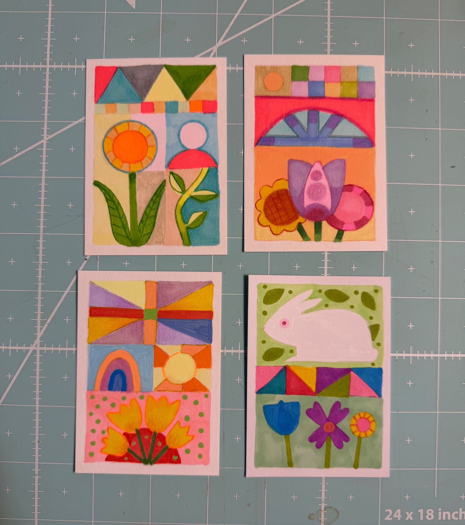 BUNDLE of 4 Quilts: Bunny, Floral, Sun aceo art card