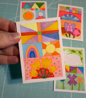 BUNDLE of 4 Quilts: Bunny, Floral, Sun aceo art card thumbnail 4