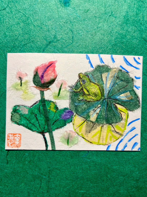 Flog in lily pad- Japanese Washi art aceo art card