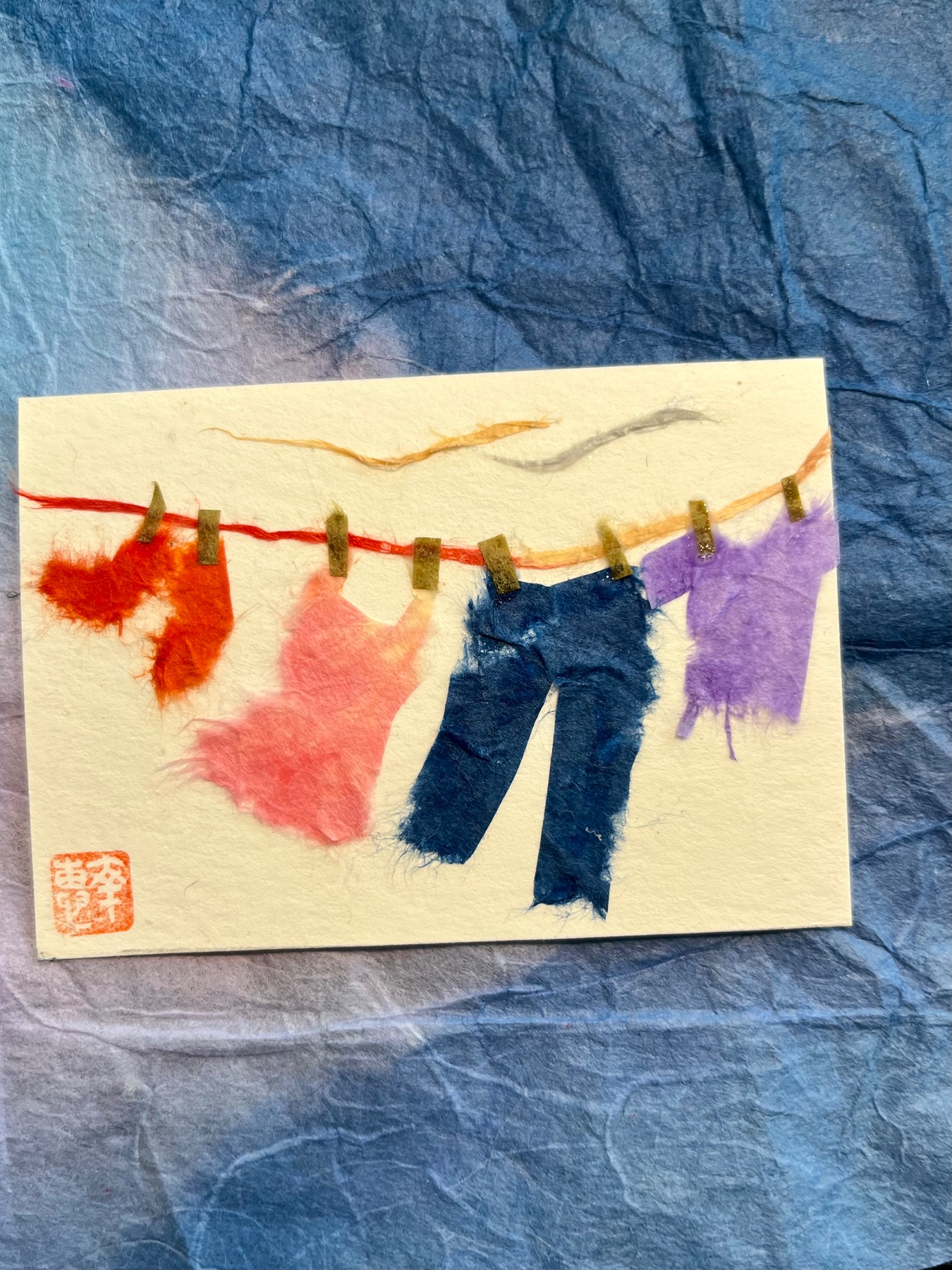 Japanese Washi Art-Laundry in windy day aceo art card