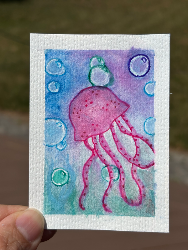 ACEO original, pink jellyfish aceo art card