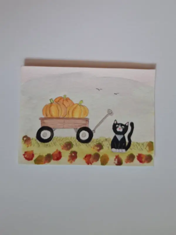 Cat with wagon of pumpkins aceo art card