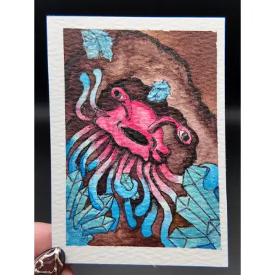 "The Best Cave Day" Original ACEO — Watercolor & Archival Ink with Metallic Watercolor Detail aceo art card thumbnail 1