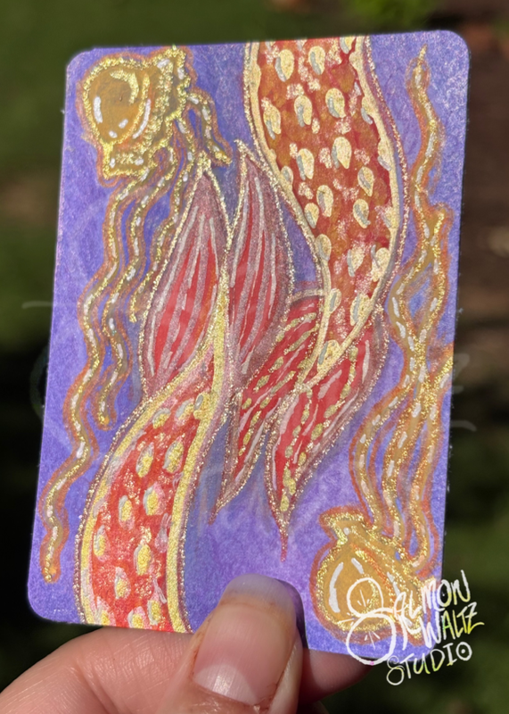 Mermaid Fins with Jellyfish buddies aceo art card