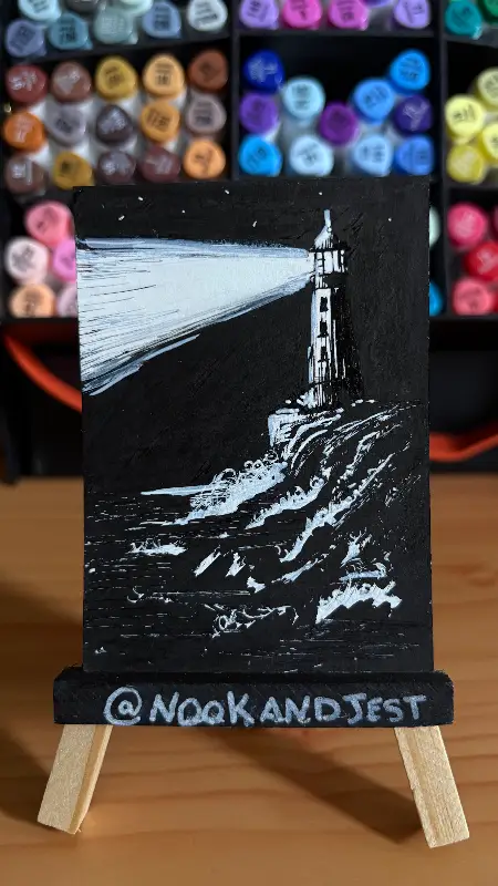 Lighthouse Seaside - white ink and acrylic marker on bristol paper aceo art card