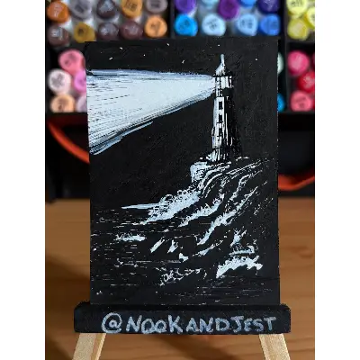Lighthouse Seaside - white ink and acrylic marker on bristol paper aceo art card thumbnail 1