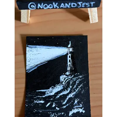 Lighthouse Seaside - white ink and acrylic marker on bristol paper aceo art card thumbnail 2