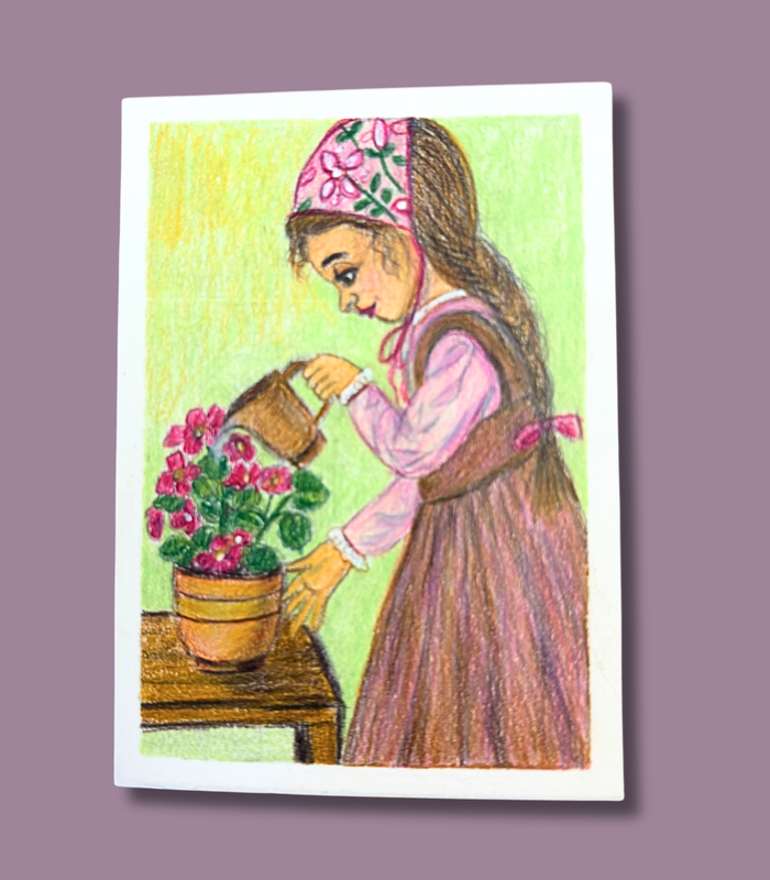 Girl Watering Geraniums - ACEO Colored Pencil Drawing on Illustration Board aceo art card