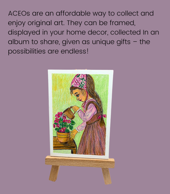 Girl Watering Geraniums - ACEO Colored Pencil Drawing on Illustration Board aceo art card thumbnail 3