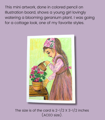 Girl Watering Geraniums - ACEO Colored Pencil Drawing on Illustration Board aceo art card thumbnail 2