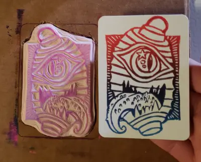 Chochin Obake Japanese Yokai Linocut Block Ink Stamp Print A aceo art card thumbnail 2