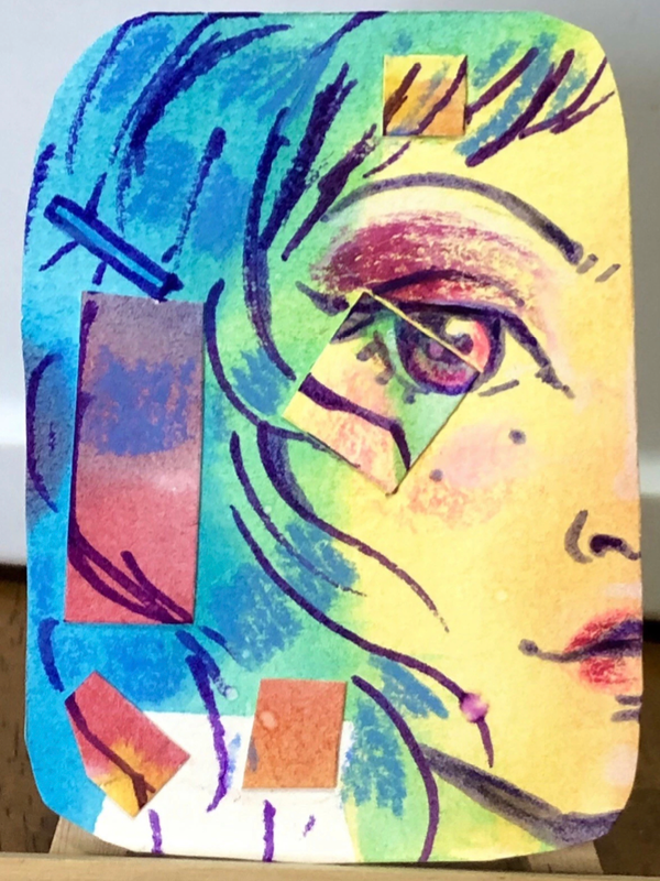 Portrait Girl Fashion Multimedia Collage Watercolors Makeup Cartoon aceo art card