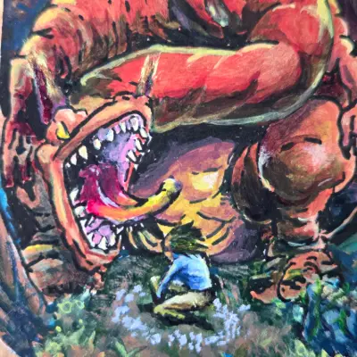 He Has Been Awakened - fantasy acrylic painting aceo art card thumbnail 2