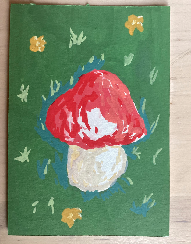 Little red mushroom in a field aceo art card