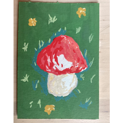 Little red mushroom in a field aceo art card thumbnail 1