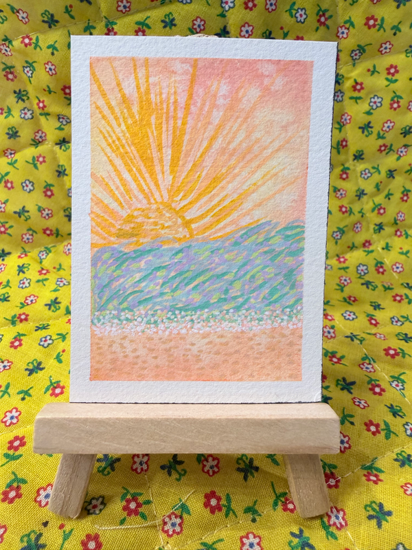 Aceo Tie dye sea scape sunset watercolor with acrylic markers aceo art card