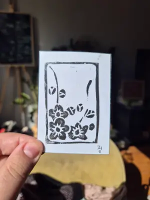 Plum Blossom - Hwatu Series - Original Linocut Print aceo art card thumbnail 2