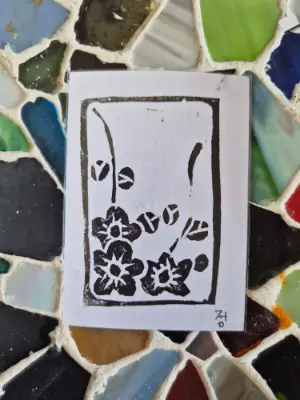 Plum Blossom - Hwatu Series - Original Linocut Print aceo art card thumbnail 1