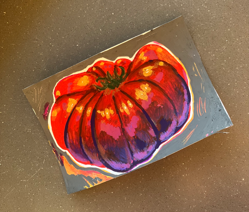 Original Mixed Media - SUNSET TOMATO - colorful fruit/vegetable still life #1/1 aceo art card
