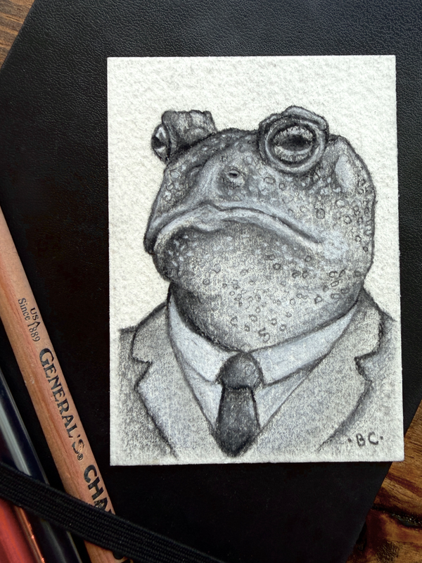 Toad in a suit - original pencil drawing aceo art card