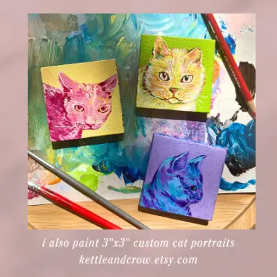 Cat with Flowers Original Acrylic Painting aceo art card thumbnail 4