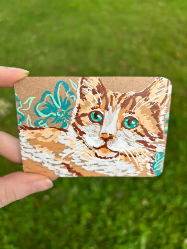 Cat with Flowers Original Acrylic Painting aceo art card