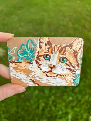 Cat with Flowers Original Acrylic Painting aceo art card thumbnail 1