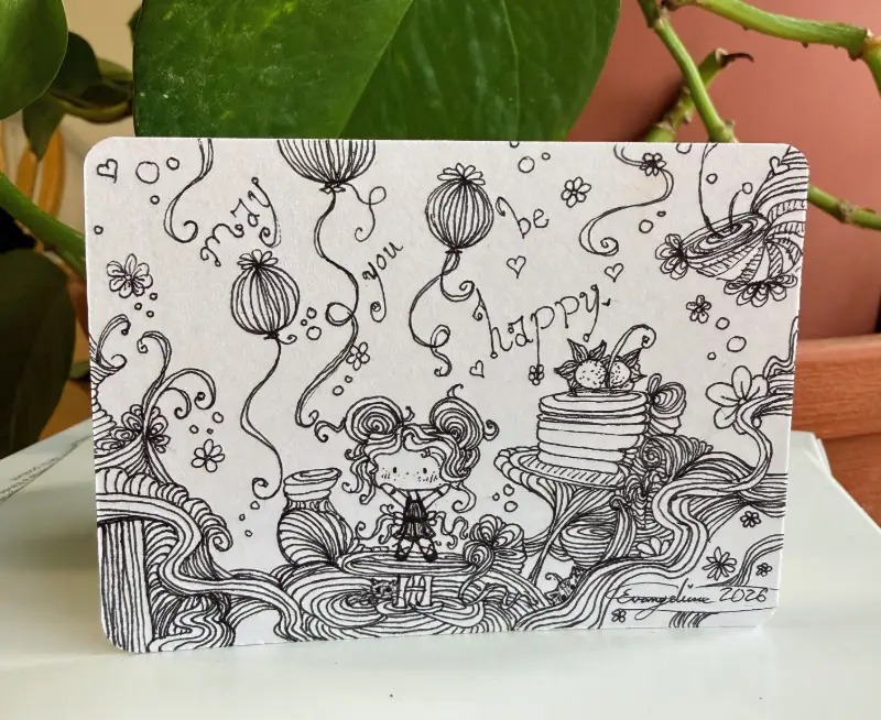 Affirmation ACEOs - May You Be Happy 🎈 Ink only Whimsical Ink ACEO, Origin Batch aceo art card