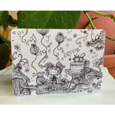May You Be Happy 🎈 Ink only Whimsical Ink ACEO, Origin Batch aceo art card thumbnail 2