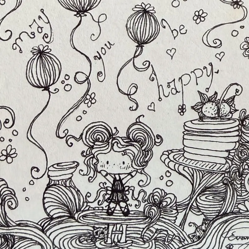 May You Be Happy 🎈 Ink only Whimsical Ink ACEO, Origin Batch aceo art card