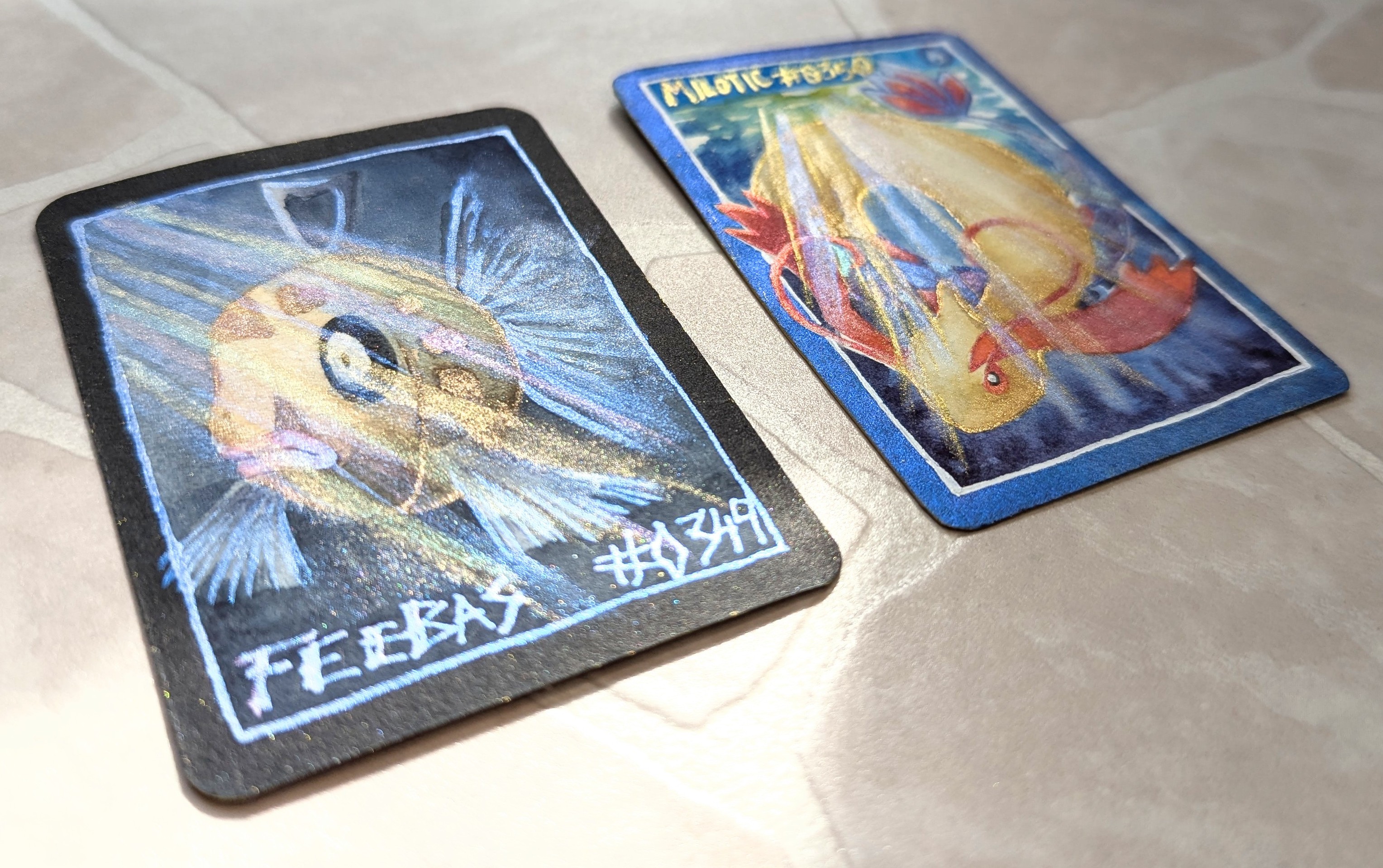 Set of 2 OOAK Sparkling Iridescent Watercolor Pokemon Cards - Milotic Evo-line aceo art card