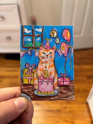 Happy Birthday Cat aceo art card thumbnail 1