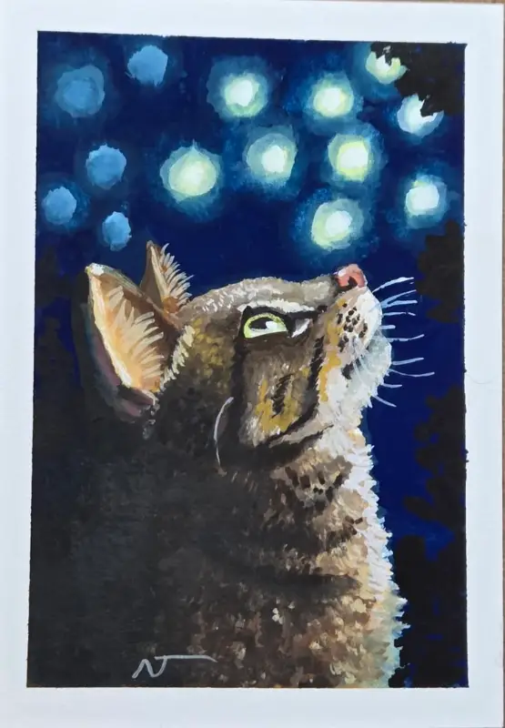 ACEO Original art - Cat, Feline, fireflies, night - Whimsical realism - naturebynikki aceo art card